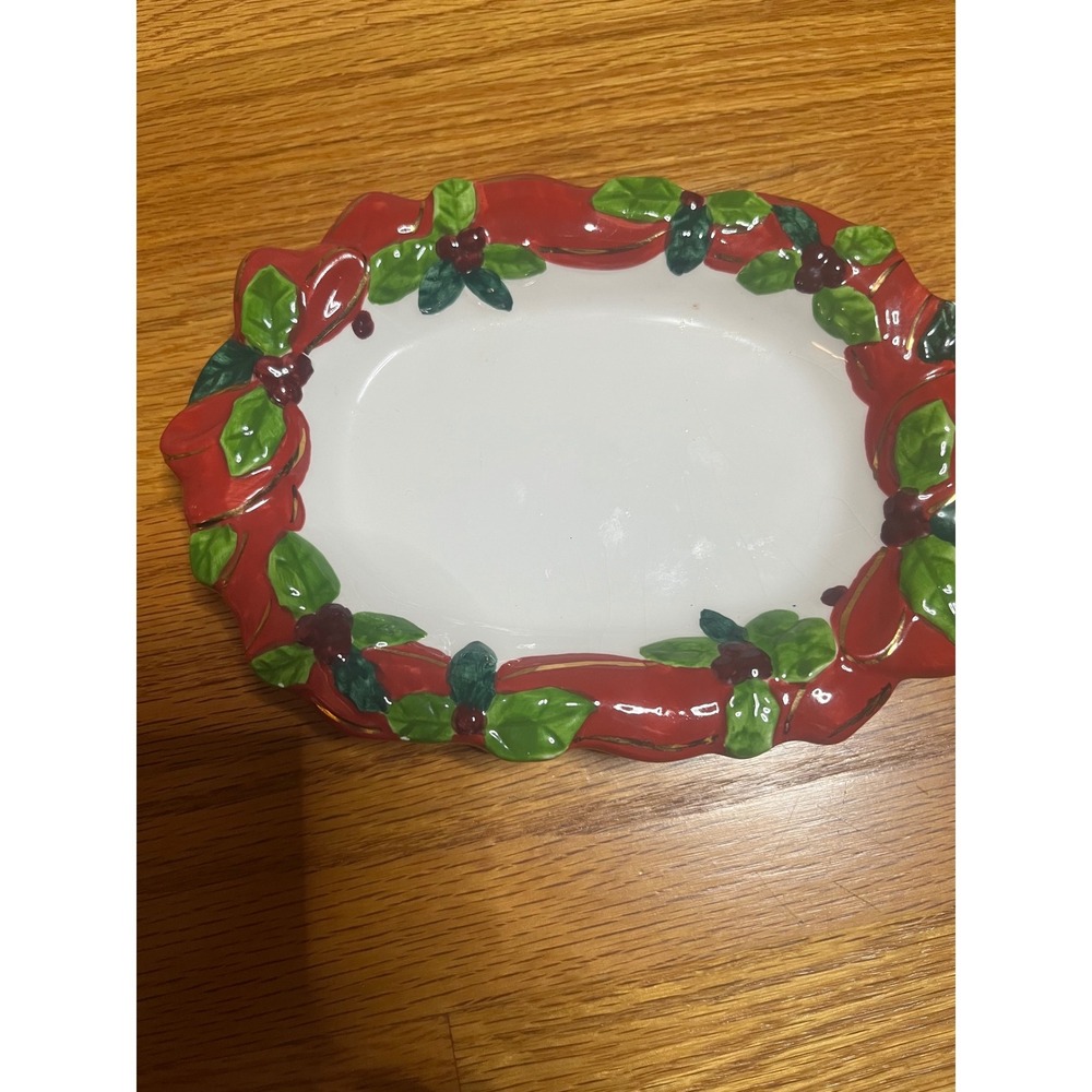 Vtg 2003 Lady Jayne Ltd Christmas Holiday Ribbon Holly Berry Soap Dish Plate